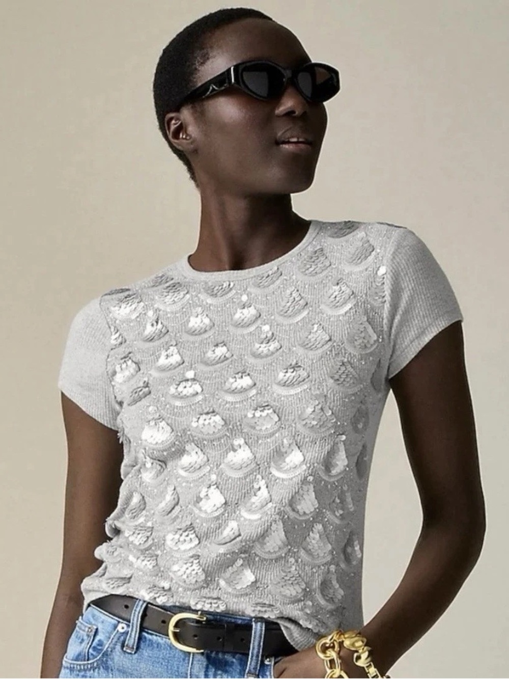 J. Crew Rib Knit Sequin Embellished Tee Top Gray